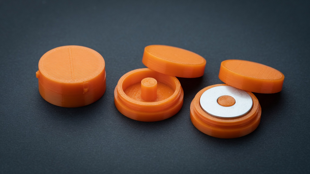 Orange 3D-printed snap capsules